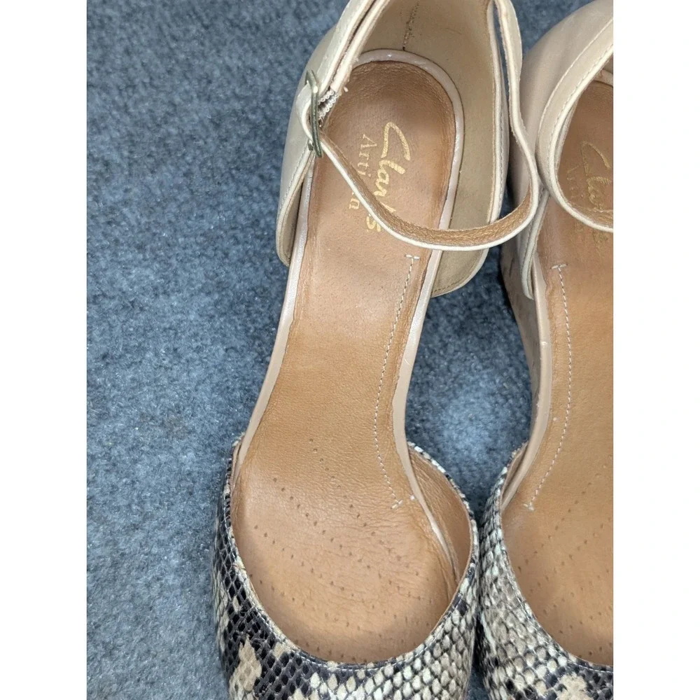 Clark's Artisan 8.5 Leather Snakeskin Print Ankle Strap Cork Wedge Comfort Heels